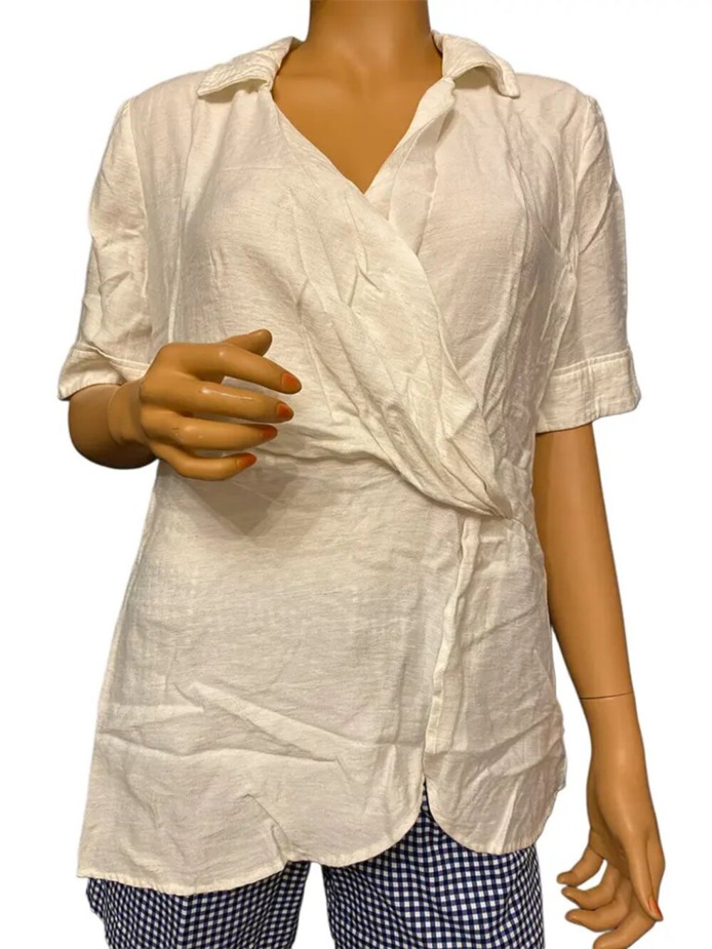 Alfani Wrap Front Top Ivory Linen Blend Collared Short Sleeve